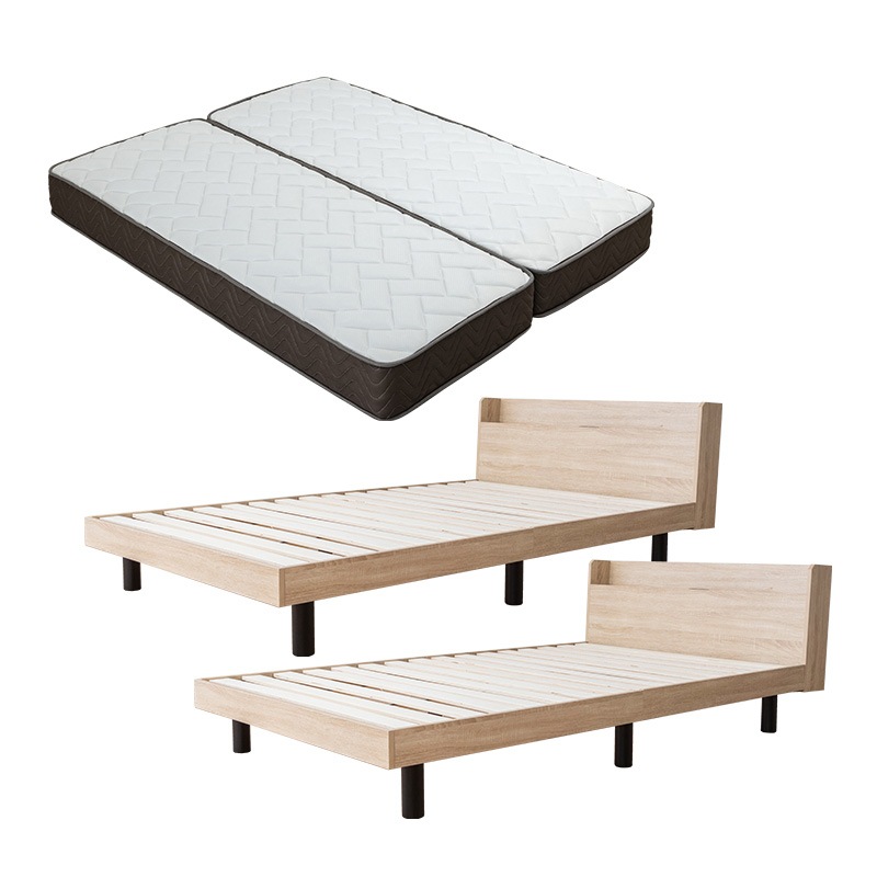 すのこベッド マットレスセット ポケットコイル 2口コンセント付き すのこ クイーン マットレス ベッドフレーム 棚付き シンプル 北欧風