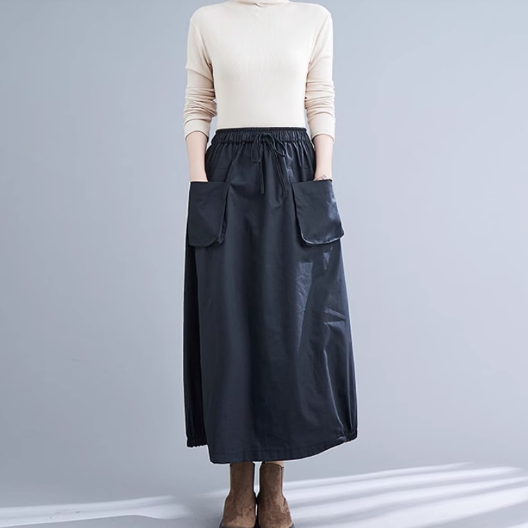 レディース スカート ロングスカート ロング ポケット ハイウエスト ウエストゴム かわいい 大人可愛い きれいめ シンプル カジュアル おしゃれ レトロ こなれ感 ラフ ルーズ 個性的 クール