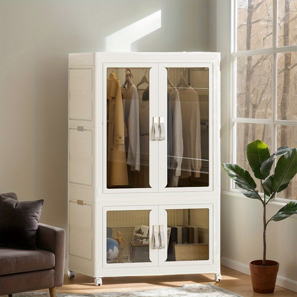 衣類やおもちゃを整理するための透明なドア付きの大容量で多機能な収納棚を備えた吊り下げロッド付きの折りたたみ式ワードローブポータブルなクローゼット