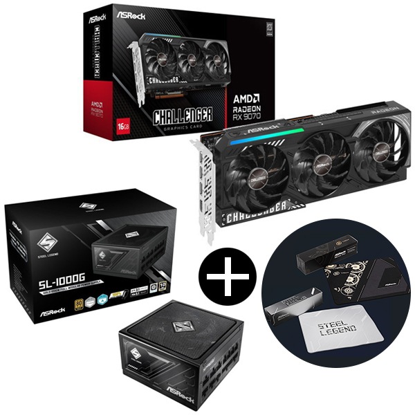 RX9070 CL 16G ブラック グラフィックボード + SL-1000G ブラック Steel Legend 電源ユニット (1000W) + オリジナルマウスパッド セット
