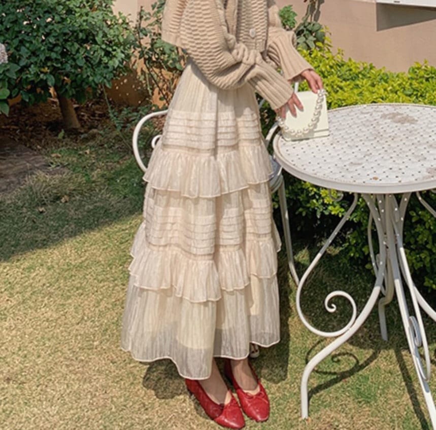 スカート レディース ロングスカート XS S M L 韓国 ティアード レース 裏地付き 切り替え ミモレ丈 Aライン ウエストゴム かわいい 大人可愛い きれいめ フェミニン おしゃれ お洒落