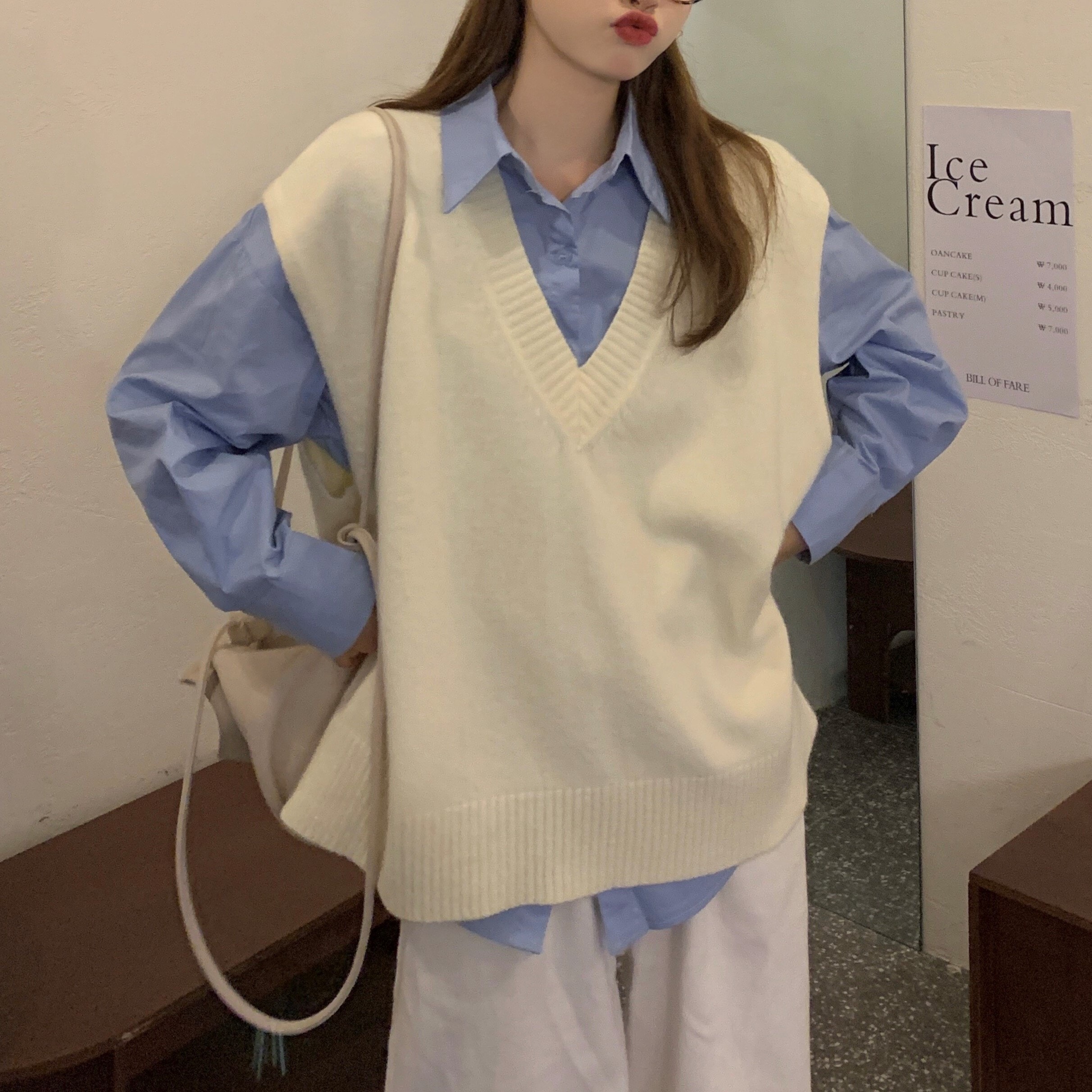 トップス レディース シャツ ベスト ジレ 長袖 S M L 韓国 Vネック ストレート ワイド かわいい 大人可愛い きれいめ シンプル カジュアル シック おしゃれ 綺麗 クール モード系 おとな