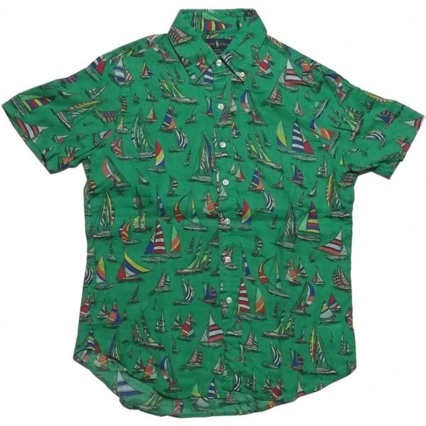 半袖 プリント ボタンダウンシャツ リネン 麻 グリーン PR2-1293