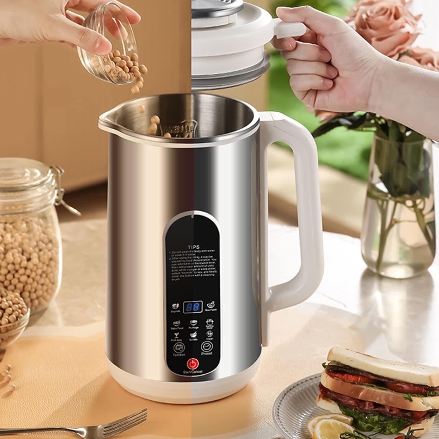 「24H予約・1.5L大容量」 MACOLAUDER 豆乳メーカー 果物・野菜・米 スープメーカー おかゆメーカー ジュースメーカー SUS304ステンレス 12葉鋼刃 乾燥豆は浸さずに直打 三層断熱