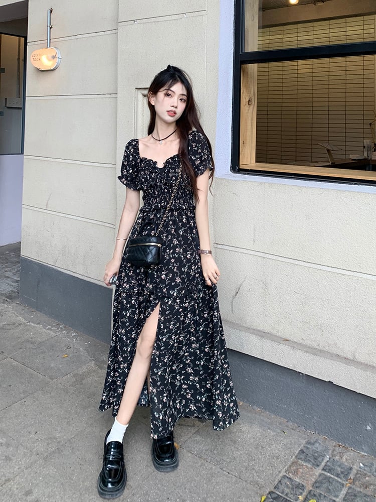 パーティードレス ドレス 愛されドッキングワンピース フラワーワンピース ロングワンピース スリット 花柄 ガーリー 大人可愛い レトロ 韓国ファッション