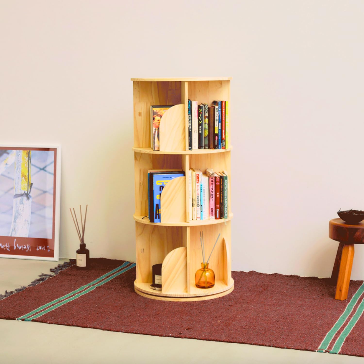 回転式本棚 3段 天然松 本棚 ニュージーランド松 大容量 スリム ブックシェルフ NZ産パイン材 360度回転 幅45cm*高98cm 簡単 組立 4面 省スペース 収納 回転棚 コミックラック 子