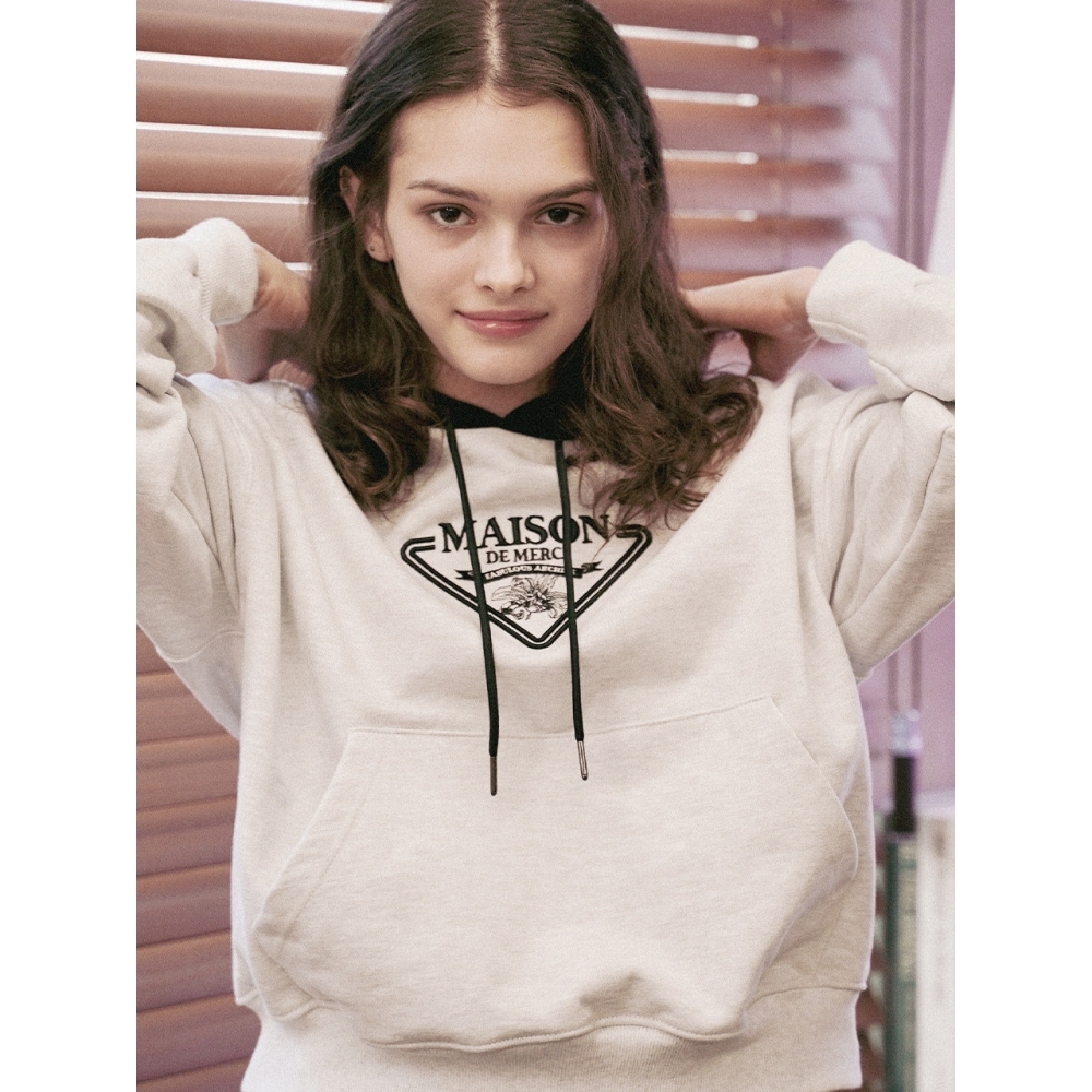 女性用クロップメゾンシグネチャーエンブレムツートーンヘビーテリーパーカーアッシュグレーブラック (FCD3TS715W)