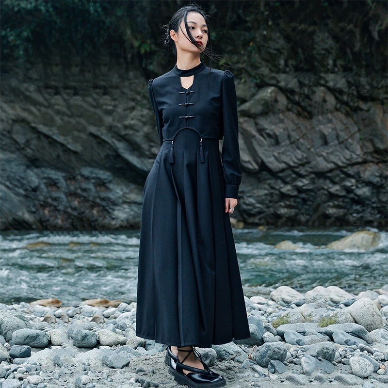 【快速出荷】チャイナ風ワンピース ロング プリーツワンピース 長袖 黒 重ね着風ワンピース パーティードレス 改良チャイナドレス