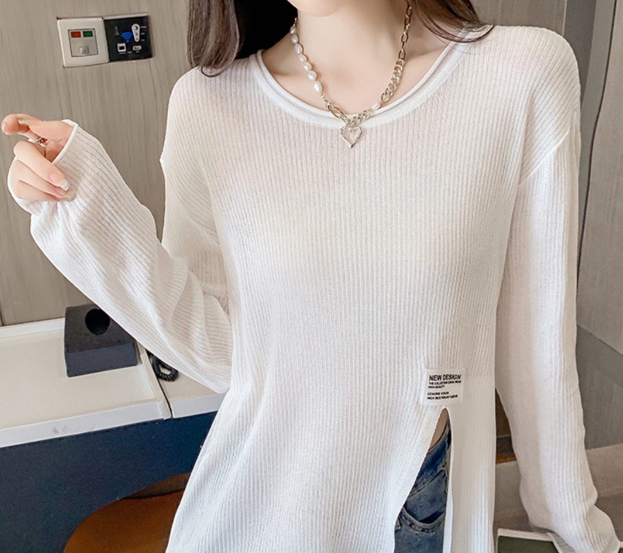 トップス カットソー 袖あり 長袖 スクープネック スリット かわいい 大人可愛い きれいめ