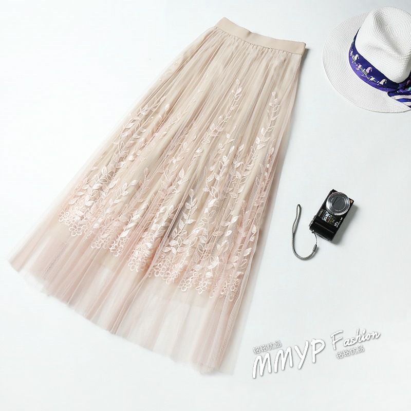 3103.刺繍レースプリーツロングスカート（アプリコット）