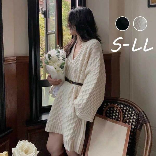 ワンピース レディース Vネック 長袖 ニットワンピ 春 春物 ベージュ ブラック お呼ばれ きれいめ 体型カバー 通勤 S M L LL dv219zezeg5