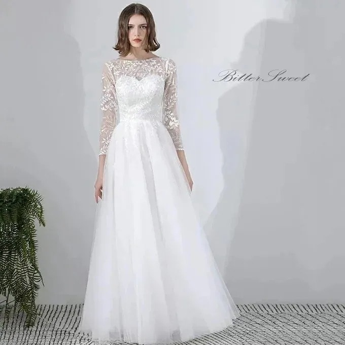 ウェディングドレスウェディングドレス袖ありウエディングドレススレンダーラインファスナーレディースドレス前撮り後撮り演奏会発表会海外挙式ドレス床付き