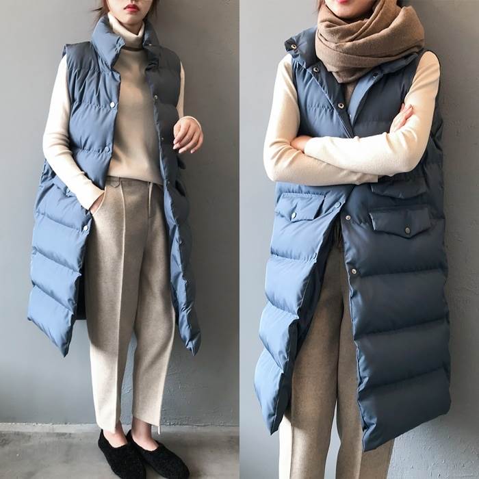 ベスト レディース トップス ダウンベスト M L ブラック 黒 ブルー 青 アプリコット 大人カラー 無地 ルーズ ゆる ロング丈 カジュアル ナチュラル きれいめ きれカジ 大人 大人可愛い お出