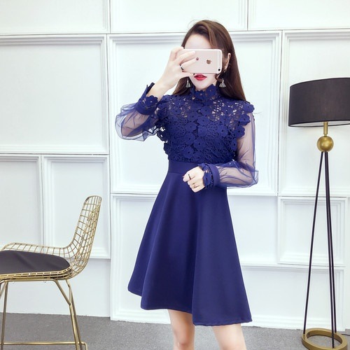 1893.花柄レースシースルードレスワンピース（ブルー）2019 春夏 sale 春夏 sale 長袖 エレガント お呼ばれ パーティー 結婚式 披露宴 二次会 女子会 レストラン デート