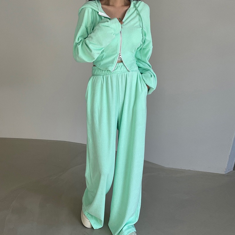 韓国デザイン春物新作カジュアルおしゃれフード付きコート着+ハイウエストゆったりワイドパンツ