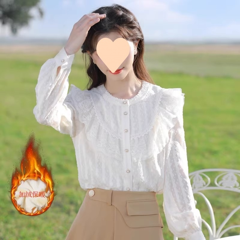 【1つ買うと10つ無料】女性のためのシフォンシャツ長袖エッジファッショナブルな甘い2025秋のレースシャツ感触