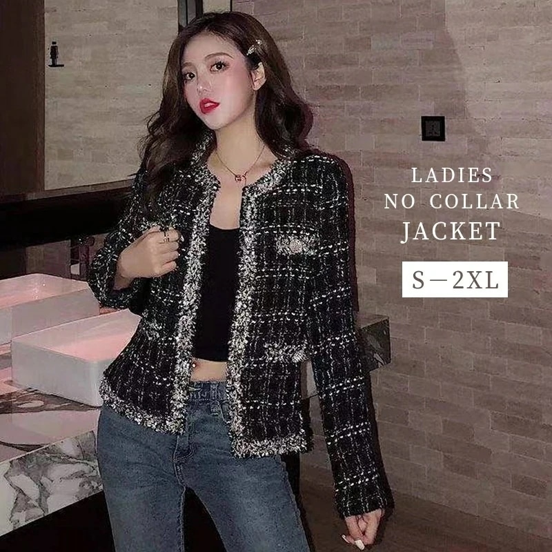 ジャケット ノーカラー 長袖 ツイード調 レディース 女性 婦人服 アウター ショート丈 上着 羽