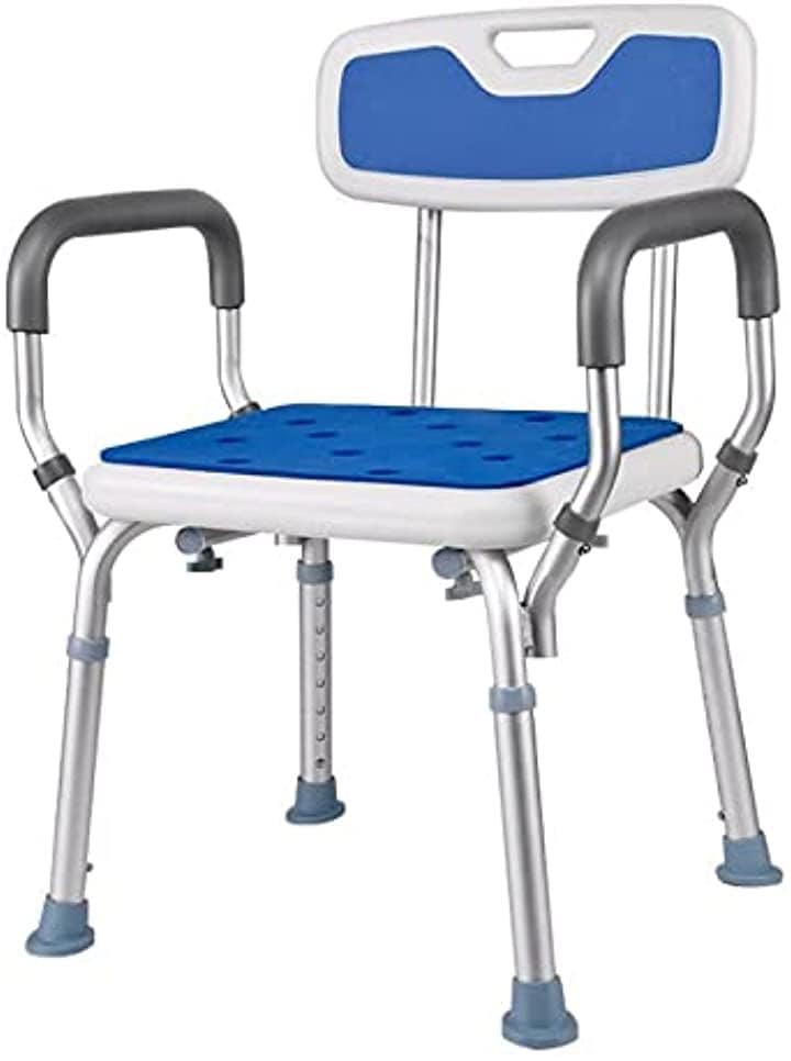 シャワーチェア 6段階高さ調節可能 軽量 丈夫 お風呂椅子 背もたれ付き 取り外し可能 手すり シャワークリップと滑り止めマット付き 日本語説明書付き (白い, 68x42x49cm)