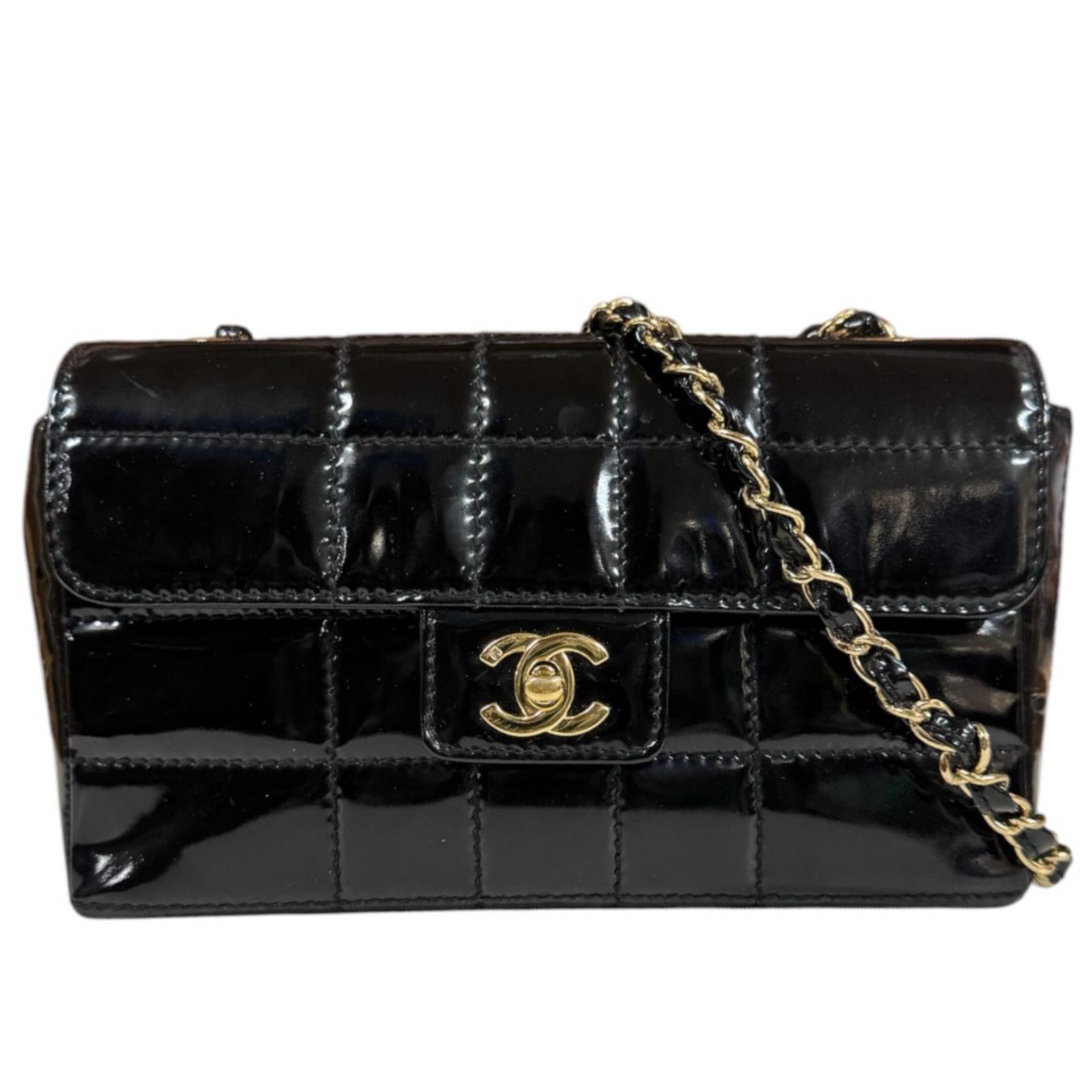 シャネル チョコバー ショルダーバッグ パテントレザー ブラック CHANEL 中古