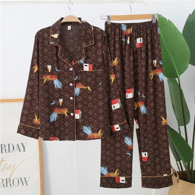 コーヒー色の女性と男性のためのシルクサテンのパジャマ,カップルのための服,ボタンダウン,大きいサイズ