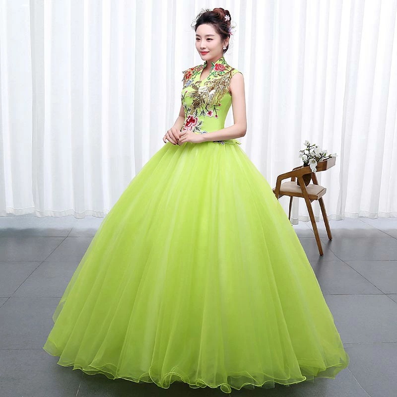 ロングドレス 演奏会用ドレス ステージ衣装 カラードレス グリーン プリンセスドレス 大人用 フォーマルドレス ノースリーブ ピアノ発表会 二次会 花嫁 結婚式 パーティードレス オーケストラ コンク