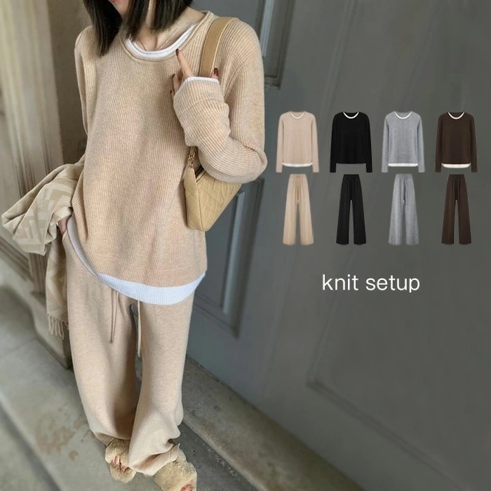 ニットセットアップ パンツ レディース セットアップ ニット 秋冬 長袖 セーター プルオーバー ワイドパンツ ニットパンツ 2点セット 上下セット 通勤 カジュアル シンプル ゆったり 無地 カジュ