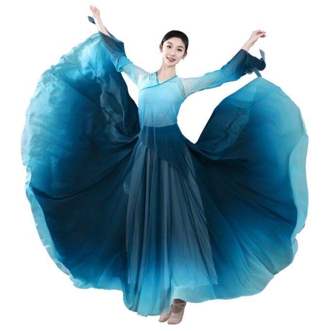 女性 ダンス衣装 720度 大きい裾スカート ロング丈 広がるスカートチュールTシャツ フレア袖 チャイナ服 女性 ダンス衣装 マキシ丈スカート グラデーション モダンダンス 民族ダンス 古典ダンス