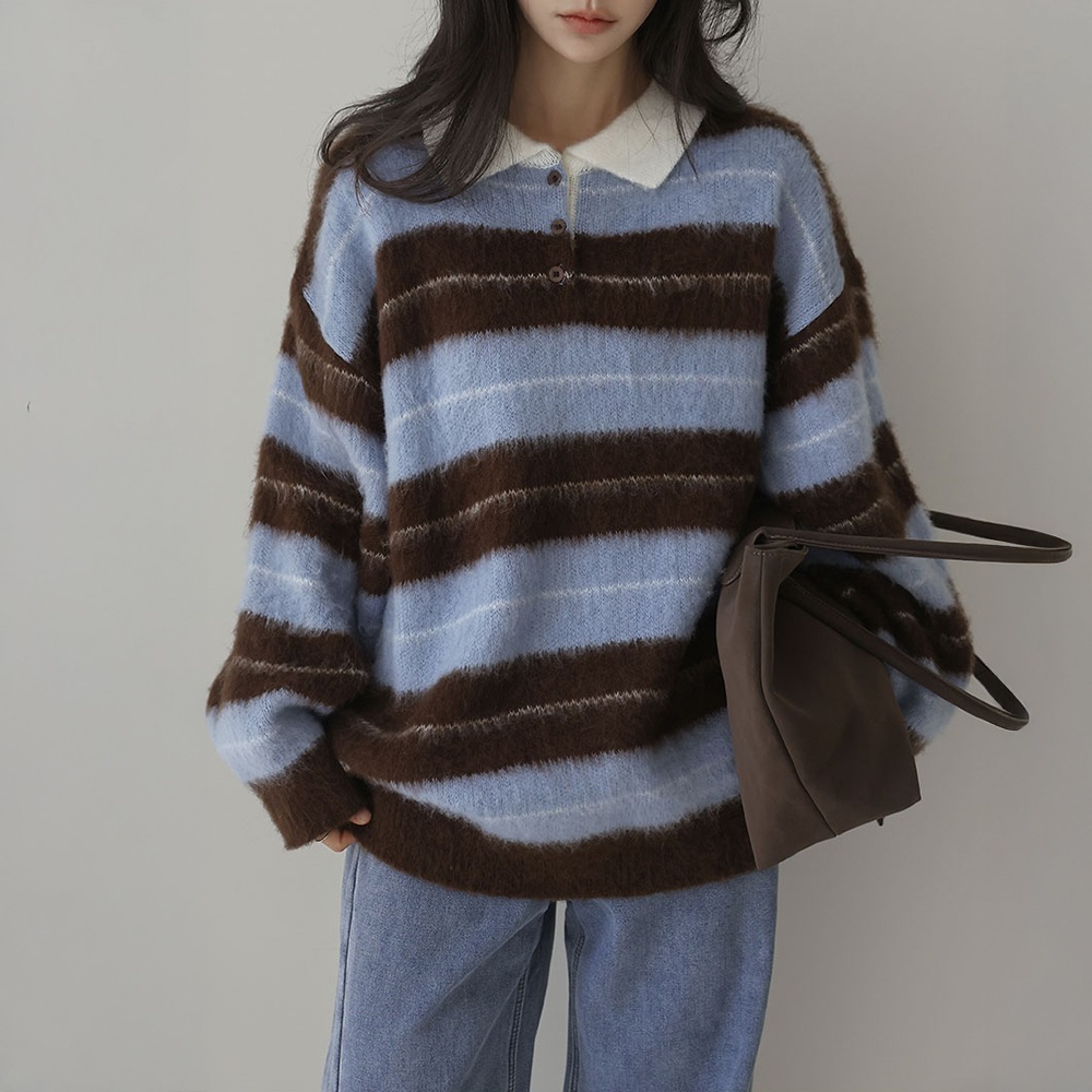 エラニーカラーリングカラーヘアリーストライプニット