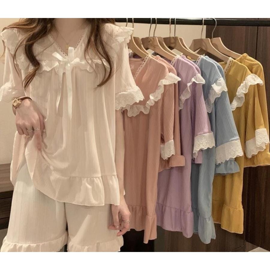 パジャマ レディース ルームウェア お姫様風 ゆったり フリル ２点セット 可愛い 部屋着 半袖セット ショートパンツ 動きやすい 柔らかく