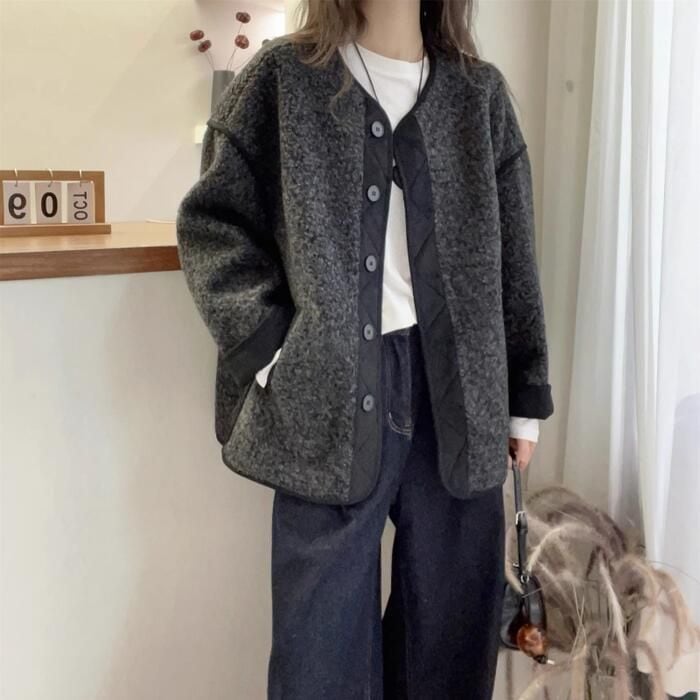 レディース カーディガン アウター 50代 可愛い 大人 ジャケット フェミニン 羽織り オーバーサイズ コート グレー ノーカラー 春 30代 40代 エレガント シンプル ブルゾン カジュアル