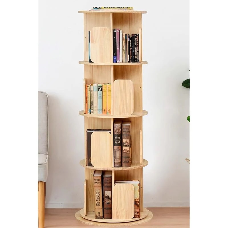 【即納】[山善] 本棚 (回転式本棚) 絵本棚 天板に物が置ける A4が入る高さ 4段 (直径50cm×高さ132.5cm) 天然木 漫画 ブックシェルフ 組立品 ナチュラル TKR-4(NA)