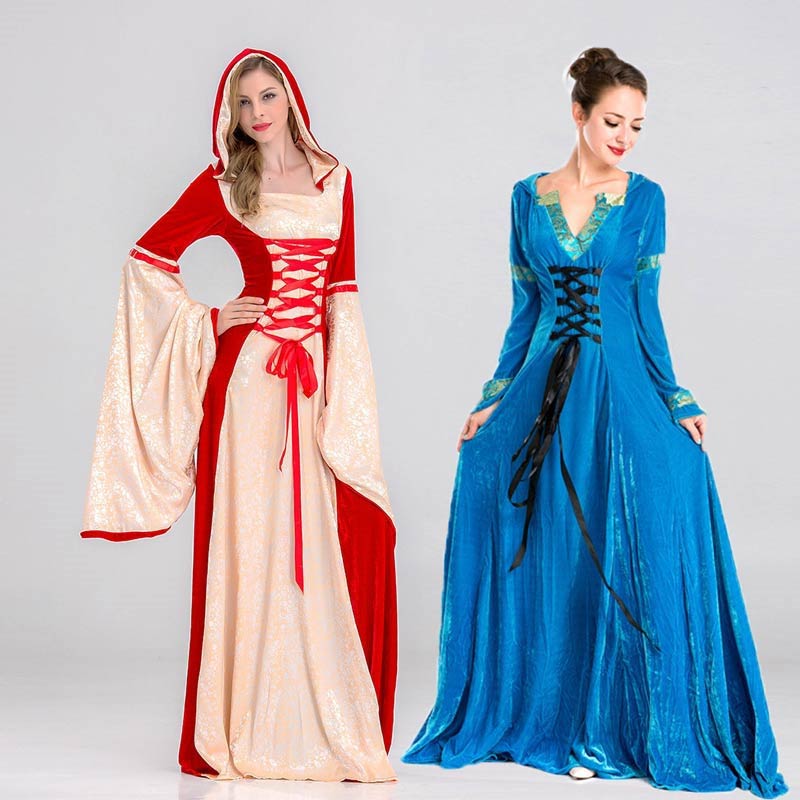 レディース ドレス ハロウィン ワンピース ロング丈 中世 フード付きワンピース 貴族服 宮廷装 ヨーロッパ風 西洋 コスチューム ベルベット コスプレ衣装 発表会 演奏会用ドレス ピアノ 合唱 披露
