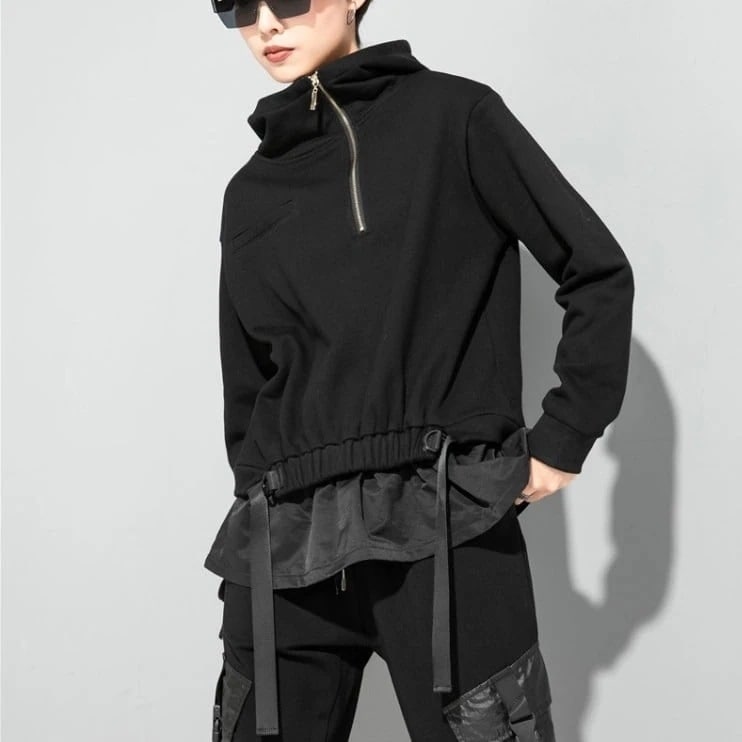 プルオーバー デザインパーカー 黒 ブラック l レディース カッコイイ 個性的 ロック 長袖 トップス 春 秋 ドローストリング ぺプラム 大きいサイズ ハイネック スタンドカラー フ