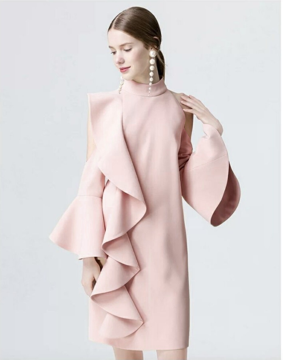 1918.ラッフルドレープドレス（ピンク）2019 春夏 sale ワンピース ミディアム ボリューム袖 エレガント お呼ばれ パーティー 結婚式 披露宴 女子会 レストラン デート