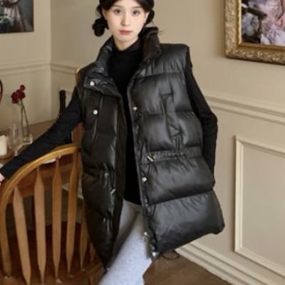 中綿ベスト シンプル トップス アウター ベスト レギュラー丈 袖なし ノースリーブ ストレート