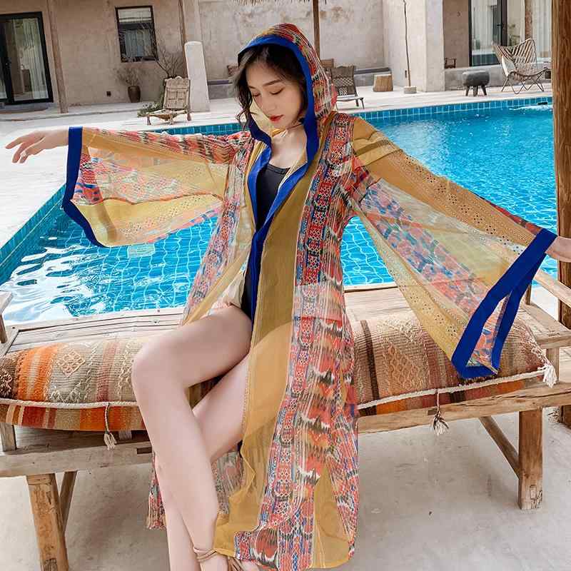 休暇 旅行 レイヤー リラックス 写真映え かわいい おしゃれ フード付き 日焼け防止 大きめサイズ カーディガン ビーチ 海 薄手 マント 羽織