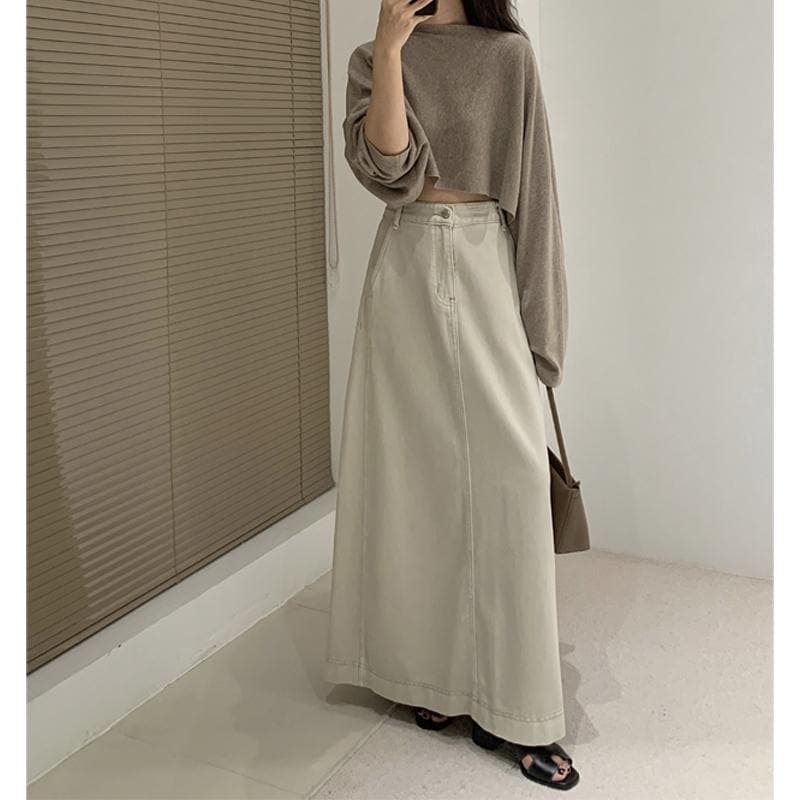 デニムスカート ロング aライン レディース かわいい おしゃれ カジュアル レジャー ベーシック 万能 レトロ ハイウエスト 無地 スリム ベージュ