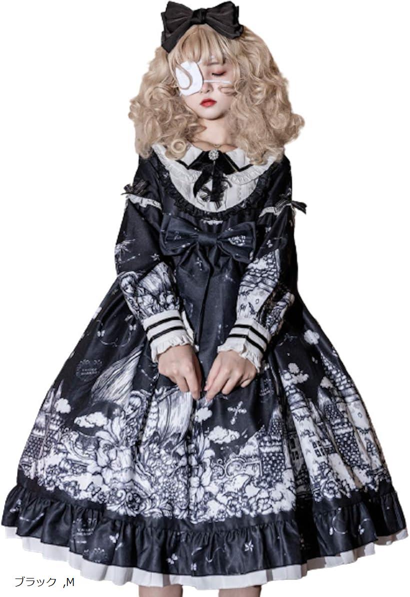 レディレイジー ゴスロリ 長袖 ドレス ワンピース スカート ひざ丈 黒 ドール お城柄(ブラック M)