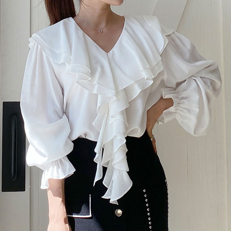 2color 女性らしい, エレガントな雰囲気の 2重フリルビックセーラーカラー フロントフリル 袖絞り テンセル デイリー Vネック ブラウス