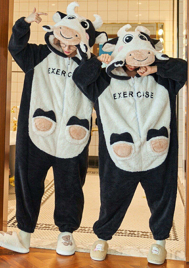 ルームウェアパジャマパジャマ ペア もこもこ ペア 大人用 うし 動物 冬 着ぐるみ パジャマ 着ぐるみパジャマ ペアパジャマ お揃い 裏起毛 パジャマ モコモコ 乳牛 カップル オールインワン もこ