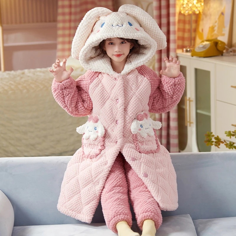 通学 女の子用スリーパー長3段綿入り厚手冬子供用フランネル保温パジャマ女の子用部屋着 保育園 小学部