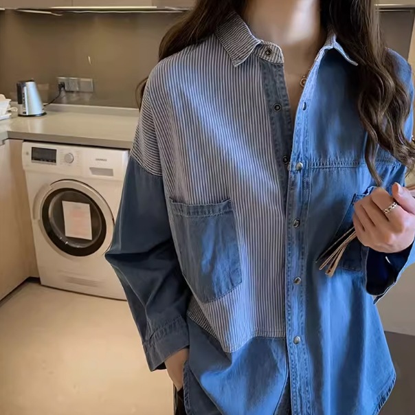 トップス シャツ ラウンド丈 長袖 半袖 シャツカラー アシンメトリー デザイン ボタン 美ライン ニュアンス ヴィンテージ風 胸ポケット デニム ブルーデニム ウォッシュ加工 カラバリ リメイク風