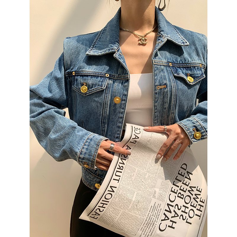 アウター ジャケット デニムジャケット レギュラー丈 長袖 スリム 無地 通勤 ブルー 青 春 ショート丈 ボタン ポロカラー S M L XL ブルゾン Gジャン ショート 袖あり 襟付き かわいい