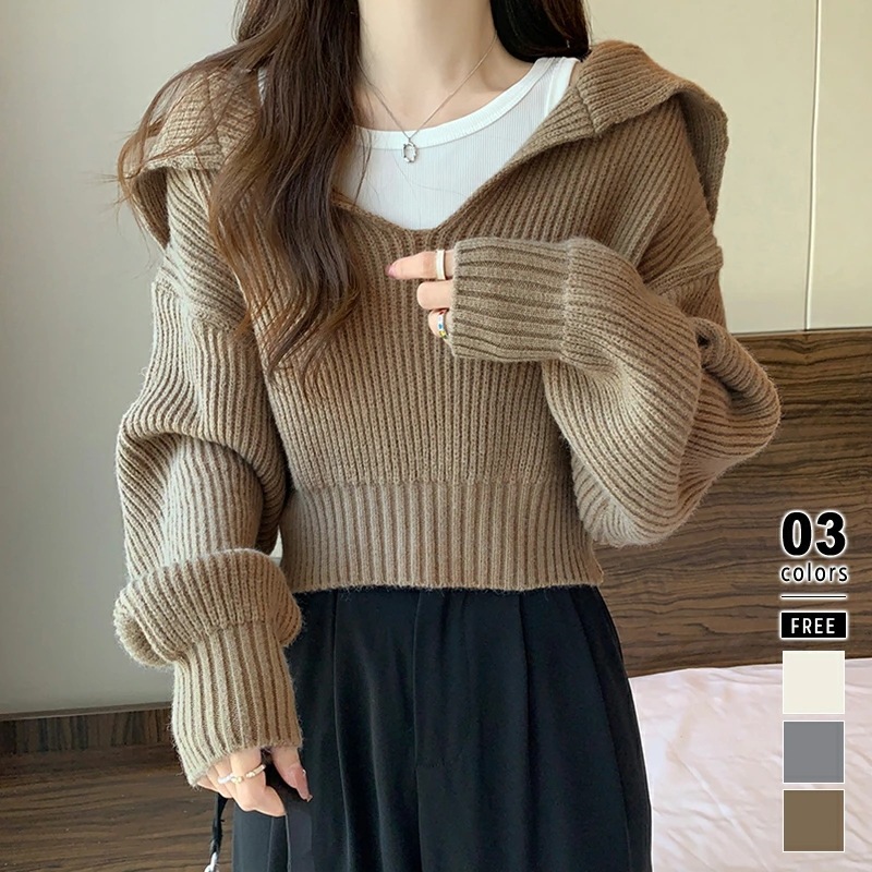 【2026年大人気】ニット セーター レディース 長袖 トップス リブニット クロップド ニットセーター ショート ゆったり プルオーバー ドロップショルダー vネック バルーン袖 重ね着 暖かい カ