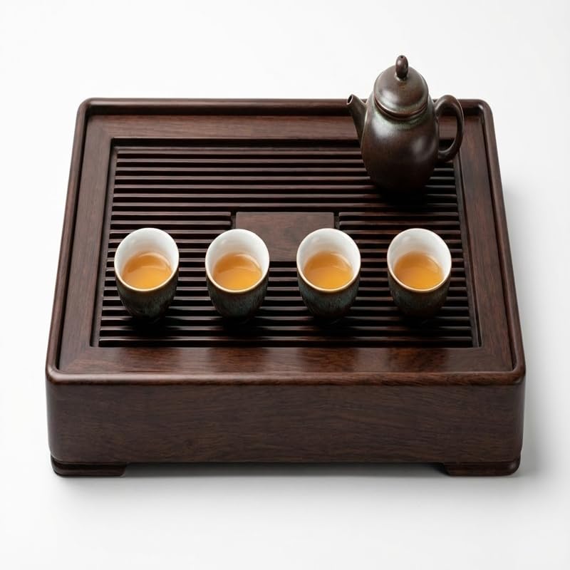 中国茶器 茶盤 茶トレイ 貯水式ティートレー 天然木製 長方形貯水式ティートレイ 茶道用茶盆 家庭用カンフーティーセット対応 排水機能付き 来客用・カフェ・オフィス適用 MumuElf (64x38x
