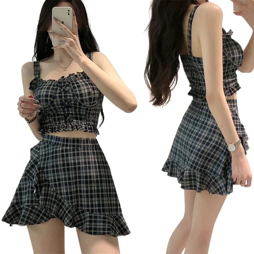 【20点セット】7月の新作特典水着 レディース タンキニ 水着 格子柄 SML 2点セット スカート セパレート 学生 10代 20代 30代 水着 体型カバー 女の子 ミセス 露出控えめ 太もも お