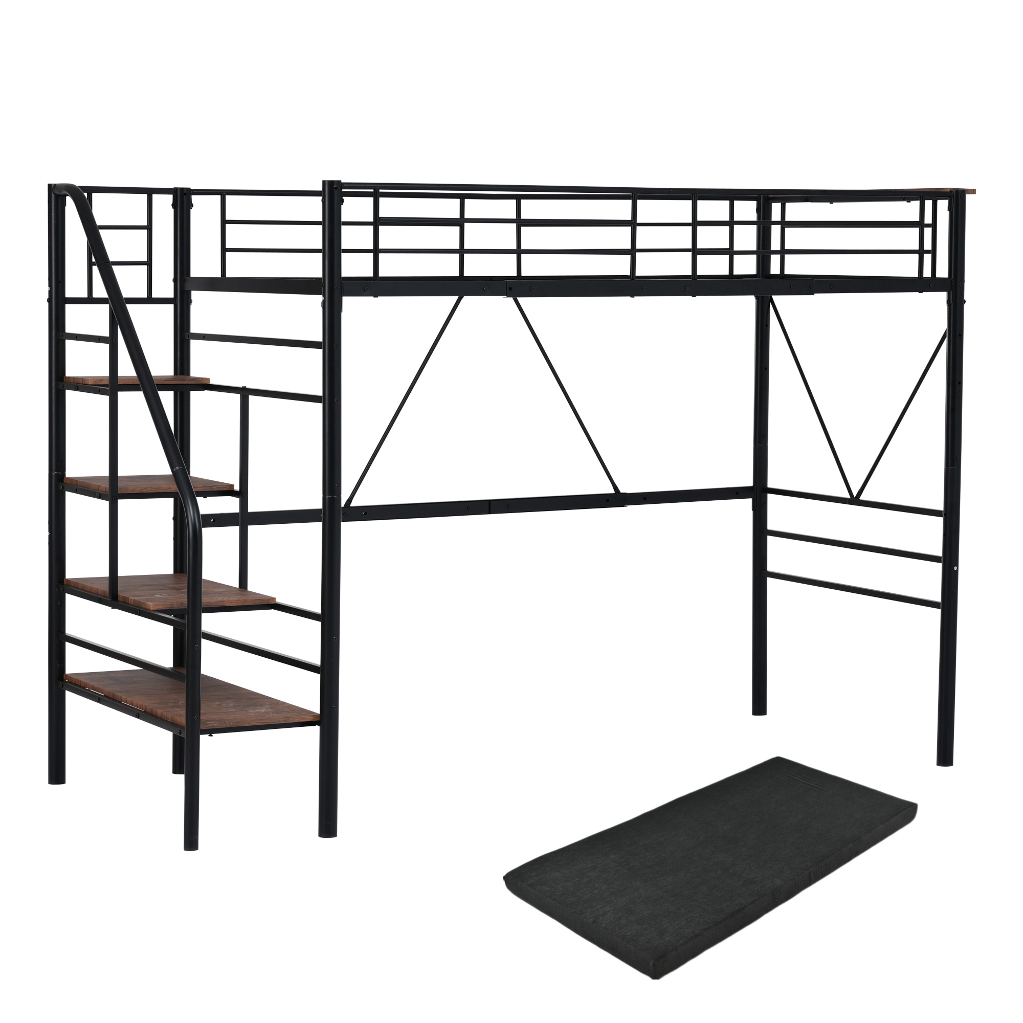 【国内発送】733【10cm厚さグレーマットレス付き】ロフトベッド 階段付き S パイプベッド シングル コンセント付き 収納 スチール 耐震 ベッド シングル パイプベッド パイプ