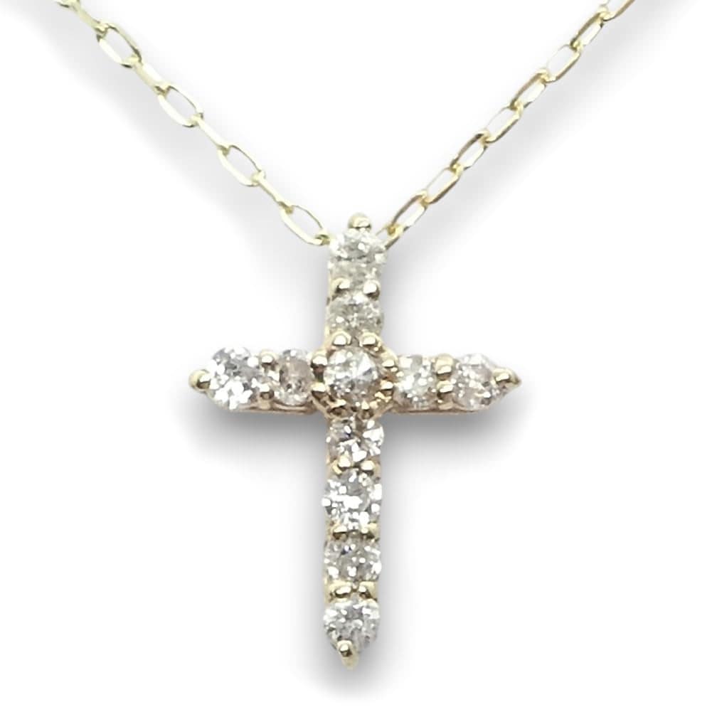 K10YG ダイヤモンド クロスネックレス プチペンダント0.10カラット11石鑑別書付