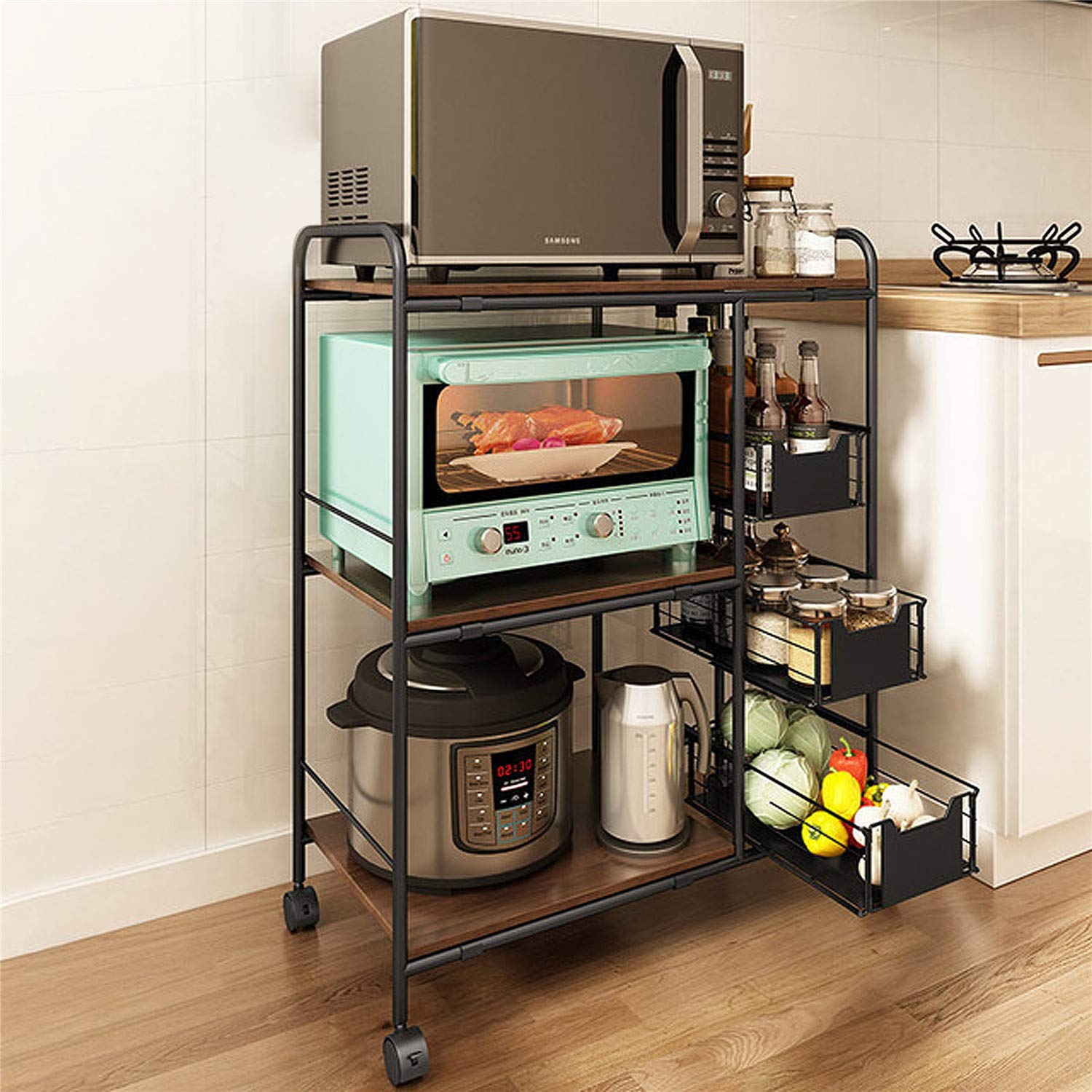 4段式 キッチンワゴン 収納ラック 食器棚 引き出し レンジ台 キャスター付き スライド棚 電子レンジ棚 レンジワゴン 家電や器具収納 キッチン棚 幅71×奥行35×高さ90cm ダークブラウン