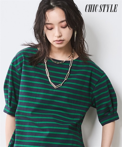 Tシャツ・カットソー 綿100％ボーダータックパフスリーブカットソープルオーバー 大きいサイズ有 シックスタイル